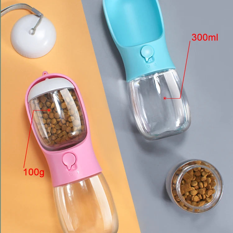 Garrafa Portátil para cães e gatos 2 em 1 para Pets: 300ml, com Dispensador de Alimentos