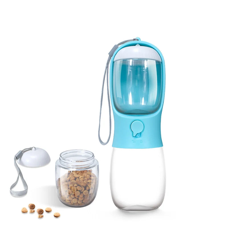 Garrafa Portátil para cães e gatos 2 em 1 para Pets: 300ml, com Dispensador de Alimentos