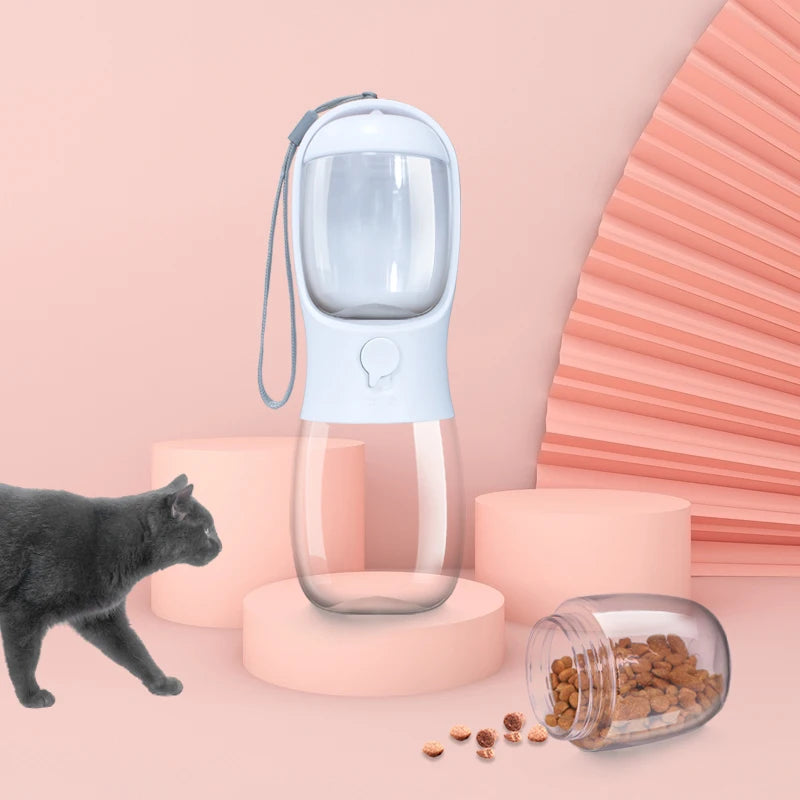 Garrafa Portátil para cães e gatos 2 em 1 para Pets: 300ml, com Dispensador de Alimentos