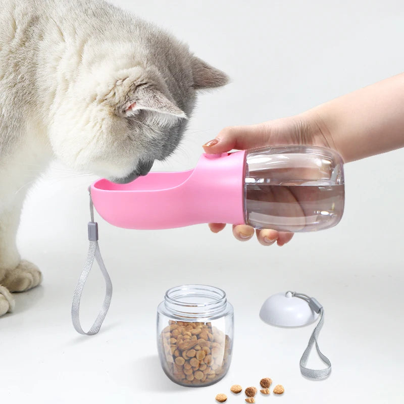 Garrafa Portátil para cães e gatos 2 em 1 para Pets: 300ml, com Dispensador de Alimentos