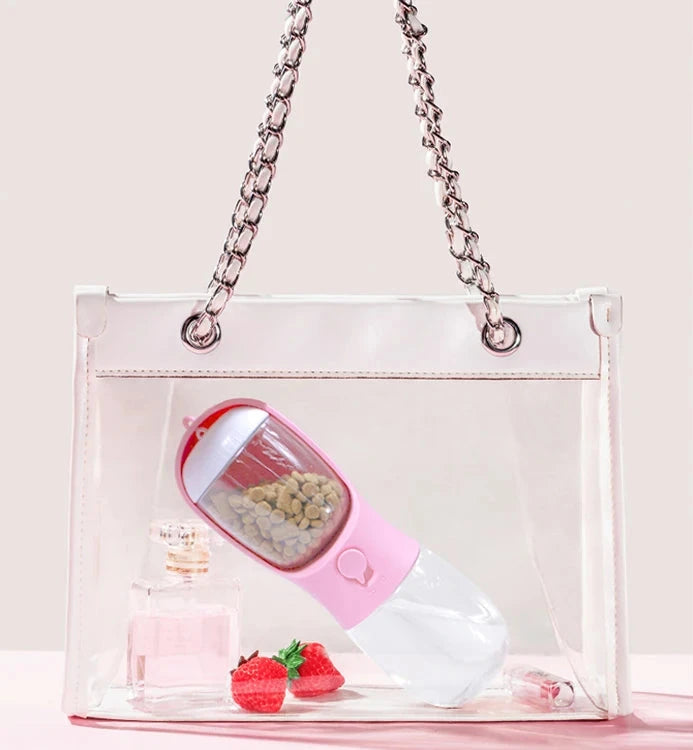Garrafa Portátil para cães e gatos 2 em 1 para Pets: 300ml, com Dispensador de Alimentos