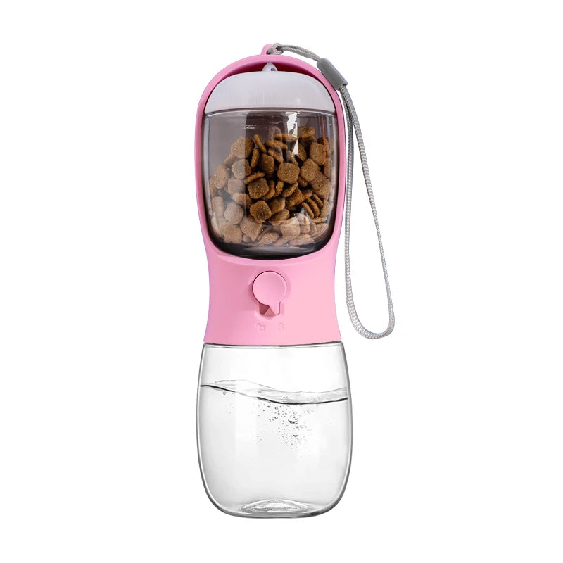 Garrafa Portátil para cães e gatos 2 em 1 para Pets: 300ml, com Dispensador de Alimentos