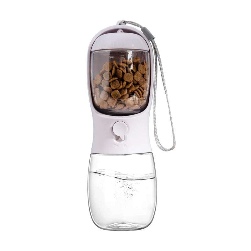 Garrafa Portátil para cães e gatos 2 em 1 para Pets: 300ml, com Dispensador de Alimentos