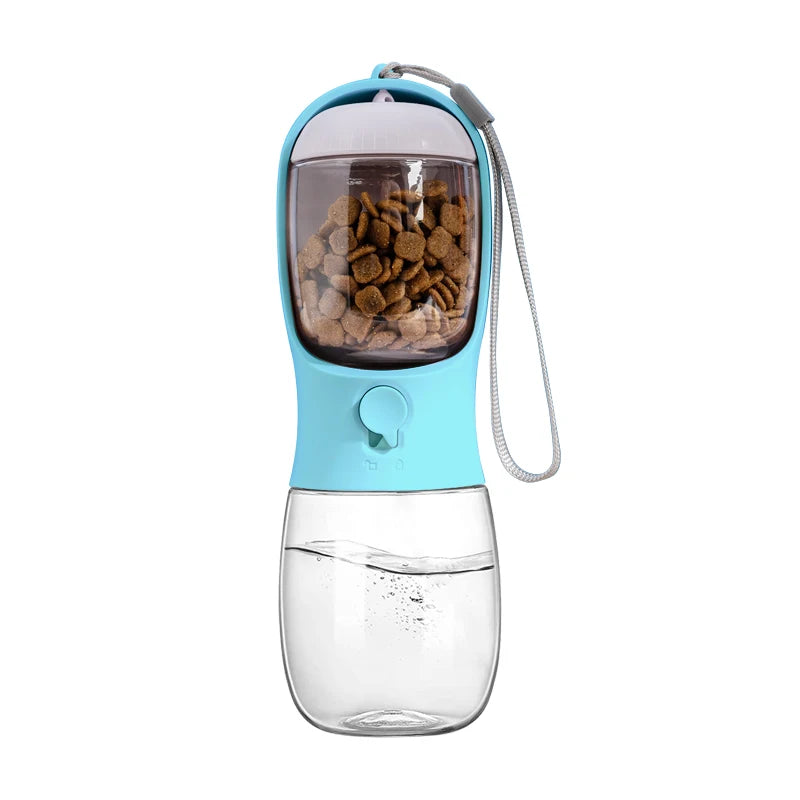Garrafa Portátil para cães e gatos 2 em 1 para Pets: 300ml, com Dispensador de Alimentos